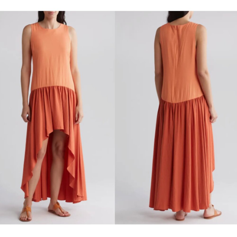 HUTCH Liz Dress Colorblock High-Low Ruffles Sleeveless Apricot Size XS